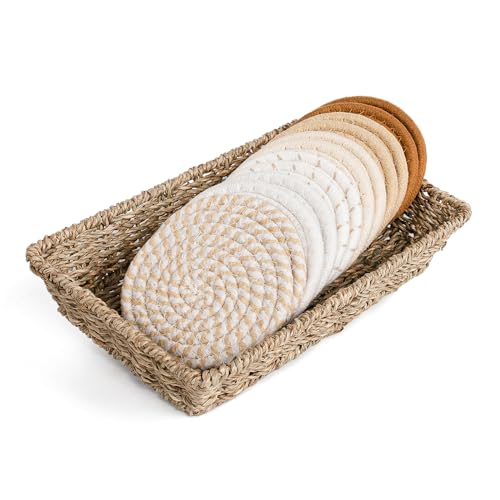 Drink Coasters & Seagrass Basket Holder Set- 6 Styles 12 Pcs Boho Absorbent Coasters for Coffee Table, Large Hand Woven Basket for Home Decor