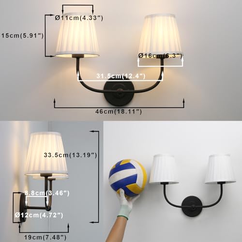 Image of Yosoan 2-Light Indoor Brass Wall Sconce, Gold Modern Hardwired Vanity Classic E26 Base Light Fixture with Soft Pleated White Fabric Shade for Bathroom Bedroom Hallway Home Indoor Decor(Black)