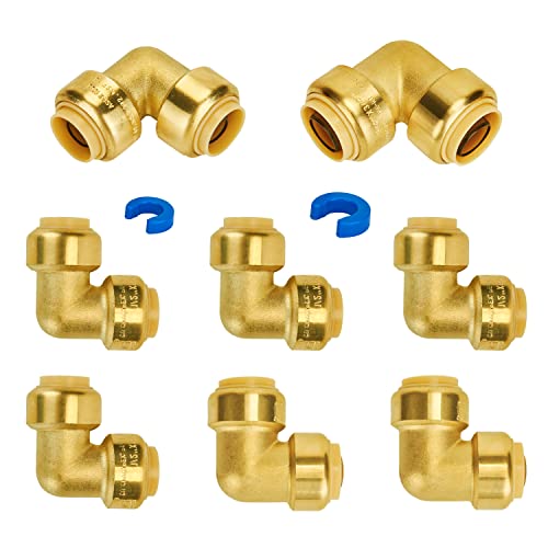 Image of SUNGATOR Push 1 /2 inch 90-Degree Elbow(5 PCS), 3 /4 inch Elbow(3 PCS), Brass, 8-Pack | Push to Connect Plumbing Fittings Set, for Pex Pipe, Copper, CPVC, with 2 Disconnect Clips