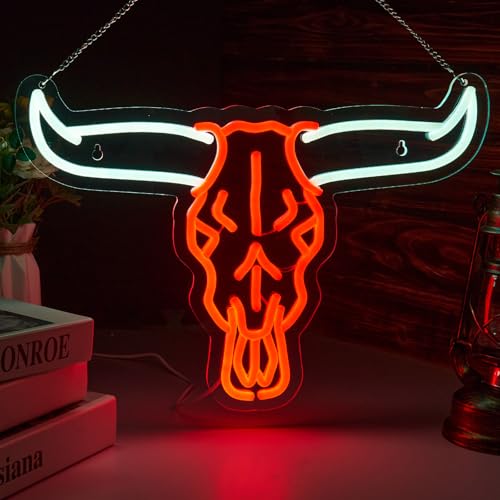 Image of Longhorn Bull Skull Neon Sign Cowboy Western Rodeo Bull Skull Neon Sign for wall decor Beer Bar Club Man Cave(16.5x11.9 Inch)