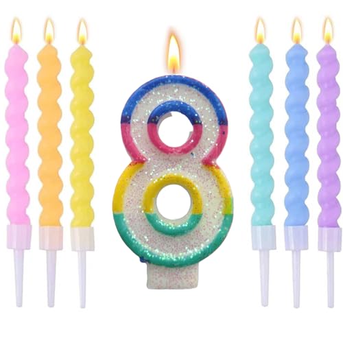 Wxinsheng Vela de cumpleaños número 8 de Arco Iris,Pastel Birthday Candles Pastel Arcoíris con 6 Velas en Espiral para Niñas y Niños Aniversario Fiesta cumpleaños