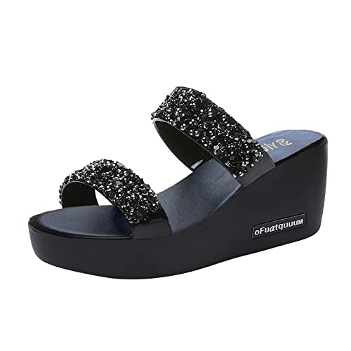 Damen Pantolette Glitter Hausschuh Keil-Plateau-Sandalen Aus Memory-Schaumstoff Elegante Und Sexy Hochhackige Sommerschuhe FüR Damen Cover