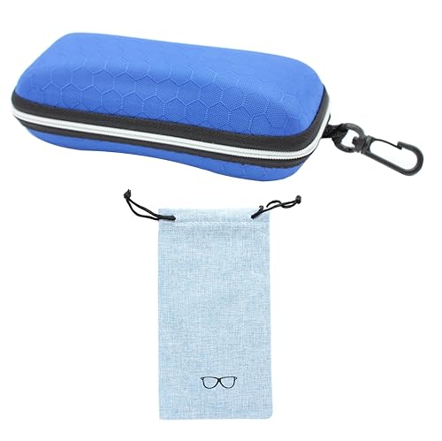 Image of Semi-Hardshell EVA Water Resistant Sunglasses Case - Slim Soft Cloth Pouch - Zipper & Carabiner Clip - Shockproof (Blue)
