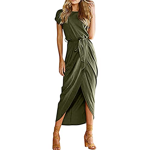 OutTop Women s Casual Slit Solid Long Maxi Dresses Short Sleeve Party Dress Summer Beach Sundress with Belt (Army Green, M)