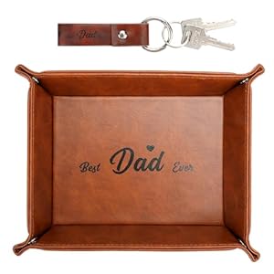Gifts for Dad from Daughter Son Kids, Best Dad Ever Gifts, Gifts for Dad Who Wants Nothing, Birthday Gifts for Dad Stepdad Husband, PU Leather Valet Tray and Keychain