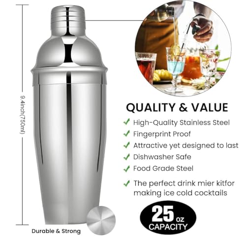 Mixology Bartender Kit, 26-Piece Cocktail Shaker Set Stainless Steel Drink Shaker Bar Set with Acrylic Stand & Cocktail Recipes Booklet, Perfect Cocktail Set for Drink Mixing, Home, Bar and Parties