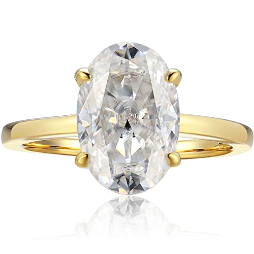 espere 14K Yellow Gold 3 Carat Moissanite Oval Engagement Ring | Solid Gold Solitaire Ring with Plain Band | 14K Gemstone Engagement Ring