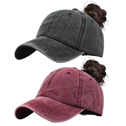 ZXTGBQ 2pcs Gorra de Béisbol Mujer Cola de Caballo, Gorra de Running para Mujer, Gorra Vaquera Vintage, Ponycap de High Messy Bun, Ajustable Buckle, Anti-UV, para Casuales Running Beisbol Tenis Golf