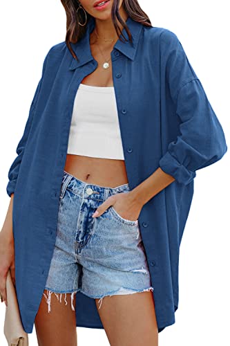 Image of FSHAOES Womens Oversized Button Down Shirts Casual Loose Long Sleeve Solid Lapel Long Blouses Tops with Pockets