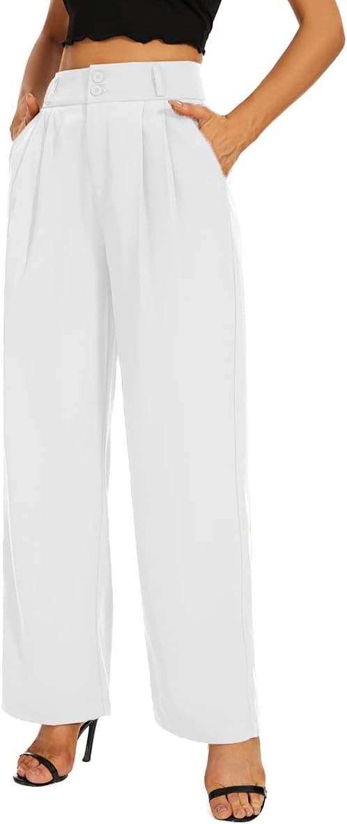 Women High Waist Wide Leg Dress Pants Pleated Front Wide Waistband Elastic Work Casual Long Trousers - Image 4