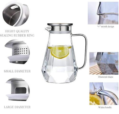 Image of Borosilicate Water Jug with Lid, Stainless Steel Air Tight Lid, Iced Tea Pitcher, Water Jug, Hot Cold Water, Milk and Juice Beverage Carafes - 1450ml Water Glass Jug (Diamond)