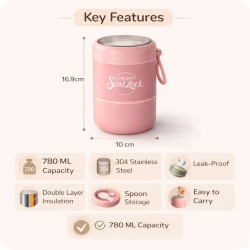 Image of Insulated Lunch Container Hot Food Jar - Leakproof 2-Tier Stackable Bento Box with Foldable Spoon - 780ml Pink Stainless Steel Thermal Food Flask