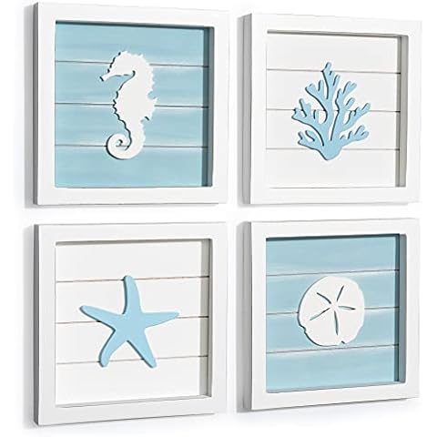 TideAndTales Ocean Theme Beach Wall Decor 3D Art with Coastal Motifs of Starfish, Seahorse, Sand Dollar and Coral - Pastel Turquoise Framed Beach Bathroom Decor - Seashell Beach Decorations for Home Cover
