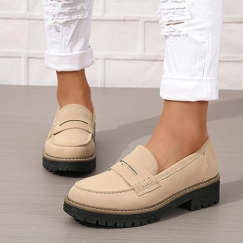 Image of Womens Loafers Slip On Casual Chunky Platform Heel Loafers Classic Penny Dressy Comfy Business Work Shoes Green Beige Black Red US5-11