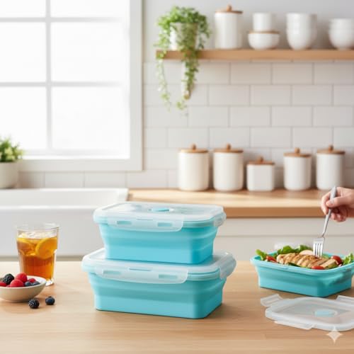 Image of The Better Home | Lunch Boxes | Food Grade Silicone | airtight lid Foldable Lunch Box for Kids | Pack of 2 | 500ml 800ml | Lightweight Microwave Safe | Blue for Office School