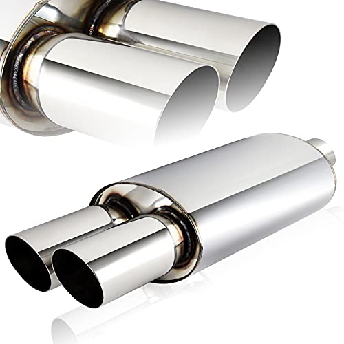 Q1-TECH, Universal 3" Inlet 3" Outlet Dual Exhaust Tip Muffler Stainless Steel Universal 20.5" Length, Dual Slant Tip, Weld On, Exhaust Resonator