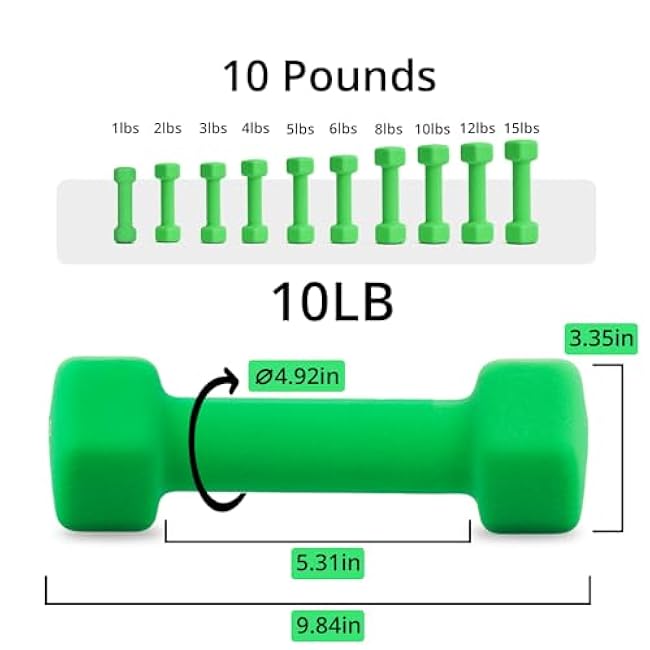 Portzon Weights Dumbbells 10 Colors Options Compatible with Set of 2 Neoprene Dumbbells Set,1-15 LB, Anti-Slip, Anti-roll, Hex Shape