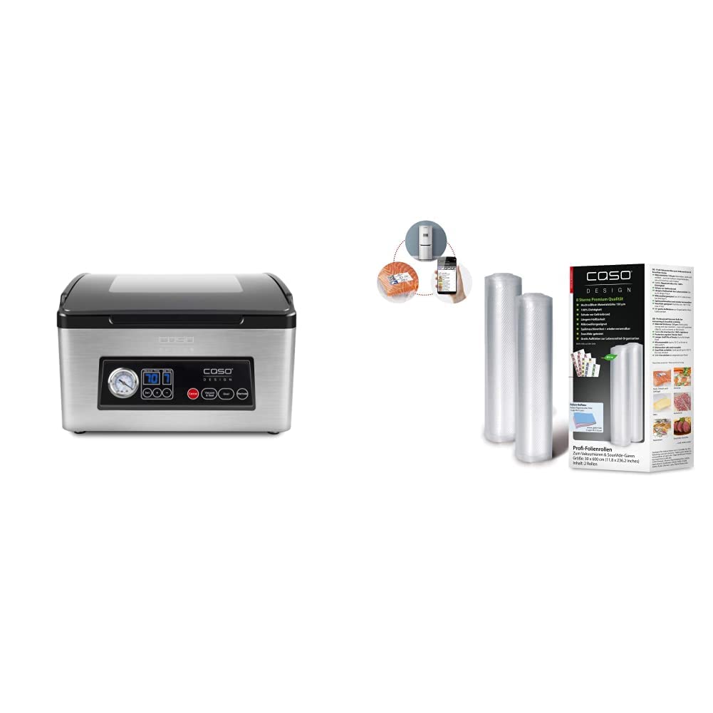 Caso 1418 VacuChef 70 - Kammervakuumierer aus Edelstahl, starke Vakuumpumpe 70 Liter/Minute & 1222 Profi- Folienrollen 30x600 cm / 2 Rollen, für alle Balken Vakuumierer, BPA-frei