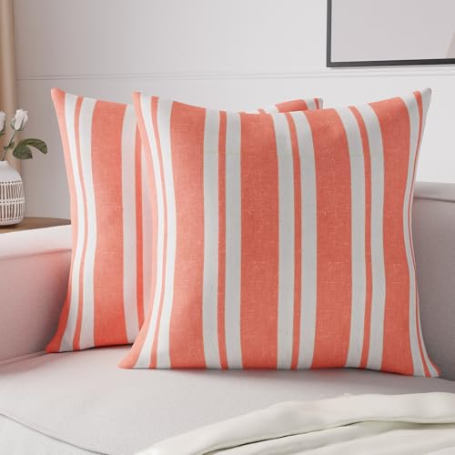 Image of Encasa XO Farmhouse Throw Pillow Covers Set of 2 (24x24 in) Franca Orange Stripes | Decorative Cushion Covers No Inserts | Plaid and Stripes Pillow Covers for Living Room, Couch