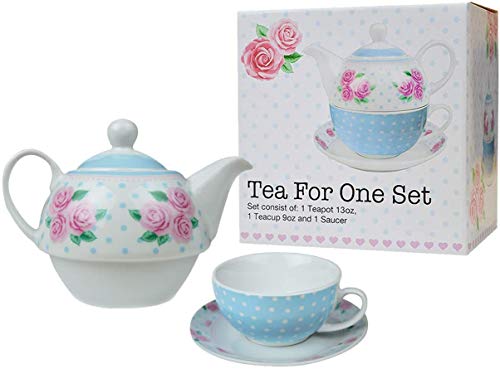 Tea-for-One Servizio da tè, teiera con set tazza e piattino, a pois con motivo floreale pastello