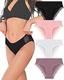 FINETOO Womens Cotton Underwear Sexy Lace Bikini Panties Low Rise Soft Stretch ladies Cotton Cheeky Hipster 4 Pack(4A,S)