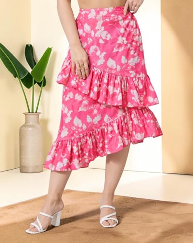 Image of OOMPH! Women Floral Printed Asymmetric Ruffled Midi Skirt | Elegant Flowy Fit | Mid-Rise | Lightweight & Breathable | Flared Hem | Summer Casual Skirt