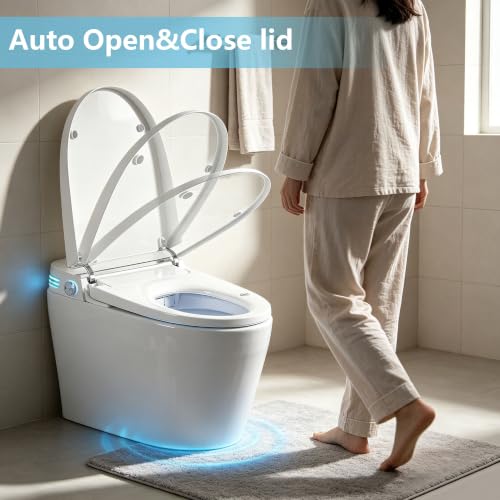 Inodoro inteligente de una pieza con bidé, apertura y descarga automáticas por radar y sensor de pie, asiento calefactado con agua caliente instantánea, boquilla autorreparable, descarga sin energía y luz nocturna para baño miniatura 3