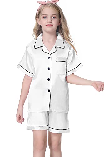 Image of Umeyda Women & Girls Pajamas Set, 2 Piece PJS Satin Silk Sleepwear Button-Down Top with Shorts for Mom Kids Gifts