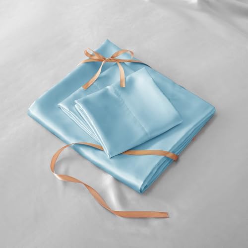 BEDELITE Satin Fitted Sheet and Pillowcase Set, Luxury Soft Similar to Silk Bottom Bedsheet with Elastic Corner Straps, Deep Pocket up to 15 Inch, 1 Fitted Sheet and 1 Pillowcase(Twin, Light Blue)