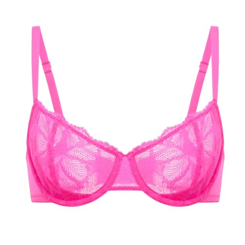 DELIMIRA Women's Balconette Bra Plus Size Lace Sexy Underwire Unlined Push Up See Through Bras Glitter Rose 38DD