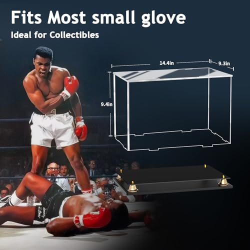 Image of Boxing Glove Display Case, Clear Acrylic Display Box, Self-Assembly Full Size Baseball Glove Holder Showcase, Football Mitt Ball Display Case with Metal Bell Base (14.4x9.3x9.4 inch)