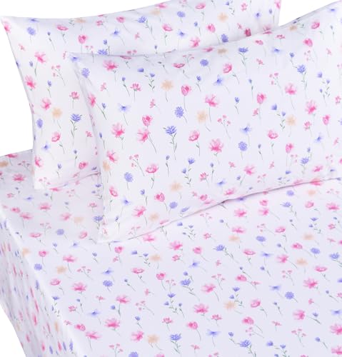 Image of Scientific Sleep Flowers Dancing in the Wind Pink Boys Girls 100% Cotton 4 Pcs Full Bed Sheet Set Kids Toddler Teen, Flat Sheet & Fitted Sheet & Pillowcase Kids Bedding Set (Flowers, Full)