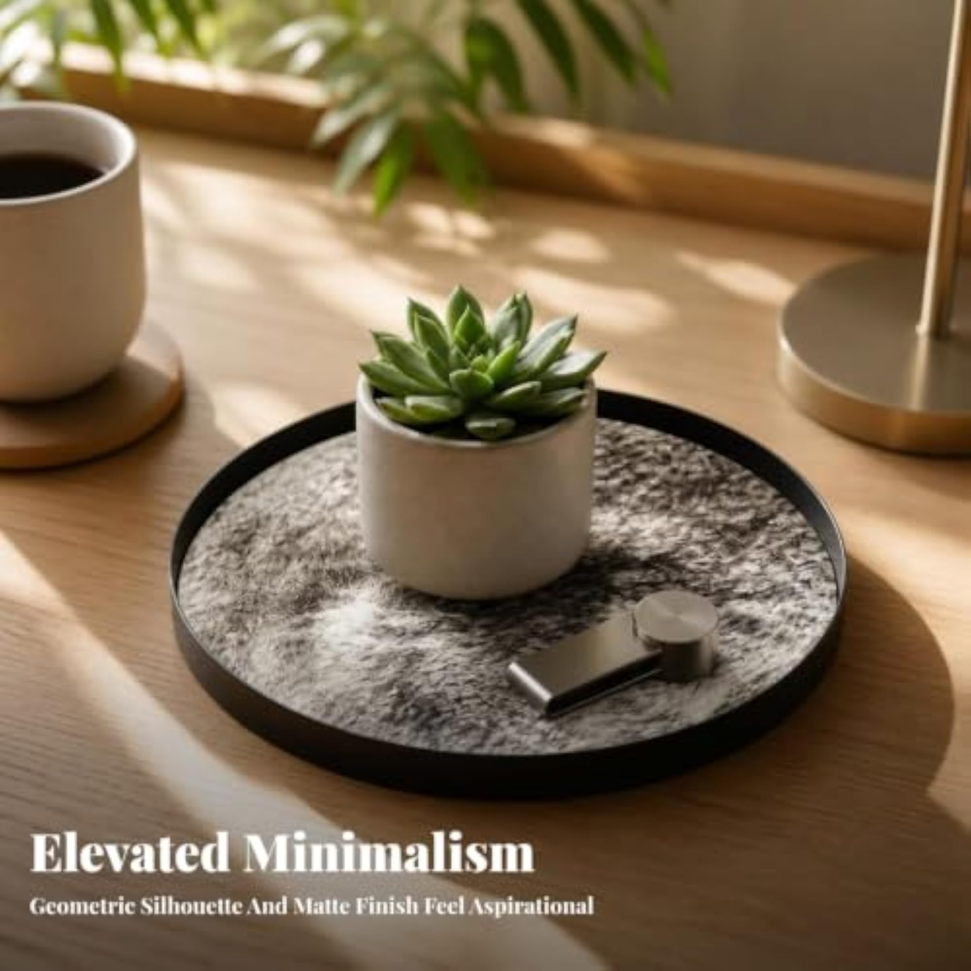 Decorative Round Tray with Metal Rim, Low-Height Design