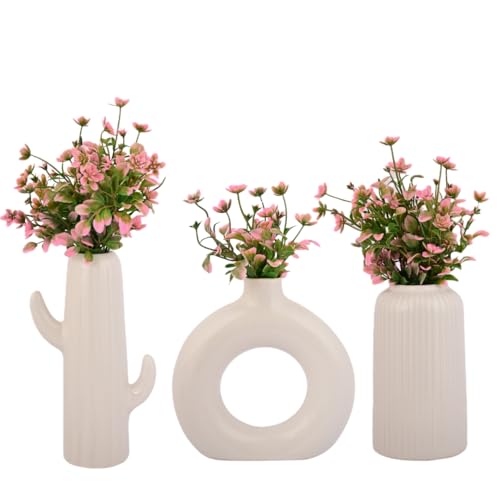 Image of Ceramic Flower Vase | Pampas Grass Vases Set | Home Decor Centrepiece | Decor Showpiece (Pack of 3) (Shape- Donut, Cactus, Bottle(Size- 6, 8, 6 Inch)