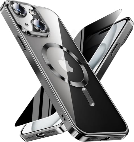 Image of Magnetic for iPhone 15 Plus Case with Privacy Screen Protector & Full Camera Cover,Compatible with MagSafe,[Non-Yellowing]Plating Soft Shockproof Clear Phone Case Women Girls for iPhone 15Plus,Black