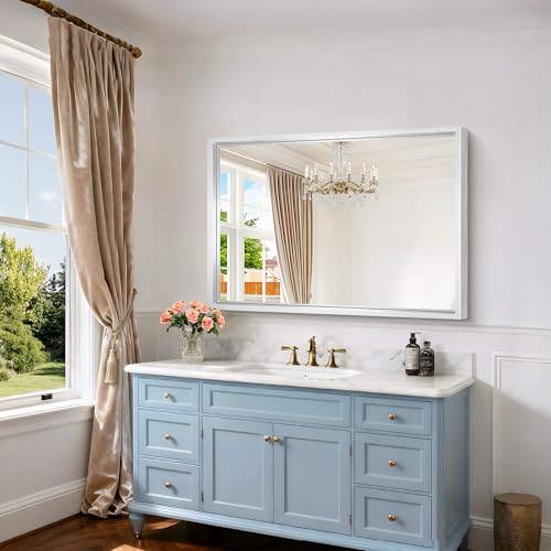Image of 42x30 Silver Bathroom Mirror, Brushed Silver Rectangular Mirror for Wall, 0.6 inch Thickened Deep Frame Mirrors for Bathroom Sink, Shatterproof Tempered Glass, Antirust, Horizontally or Vertically