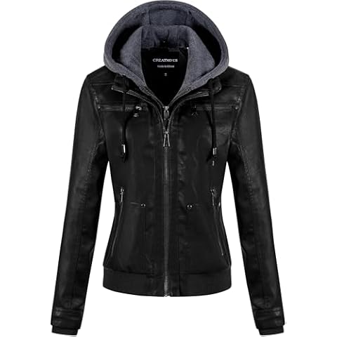 CREATMO US Leather Jacket For Women Chaqueta De Cuero Para Mujer Motorcycle Faux Biker Coat With Removable Hood Black XL Cover