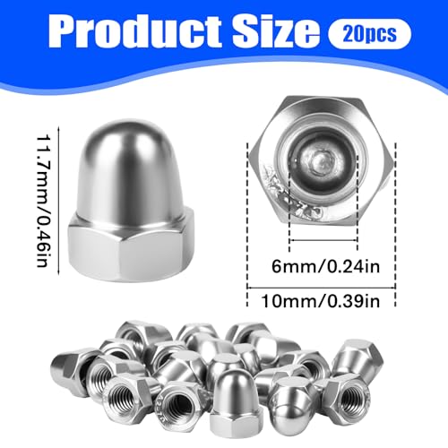 20 Stück Hutmuttern M6 Edelstahl, Sechskant Hutmuttern Hutmutter DIN 1587 Hohe Form Nach Hochwertige A2 V2A Kappenmuttern für Schrauben Gewindestangen Gewindebolzen