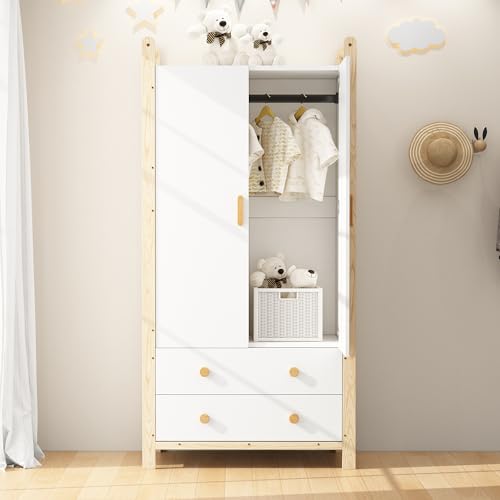STAPERFO Armoire Chambre 2 Portes Barre de Penderie & 2 Tiroirs – Dressing Compact Gain de Place, MDF Blanc & Cadre Pin Naturel, 90x45x180 cm pour Chambre Adulte, Enfant ou Entrée