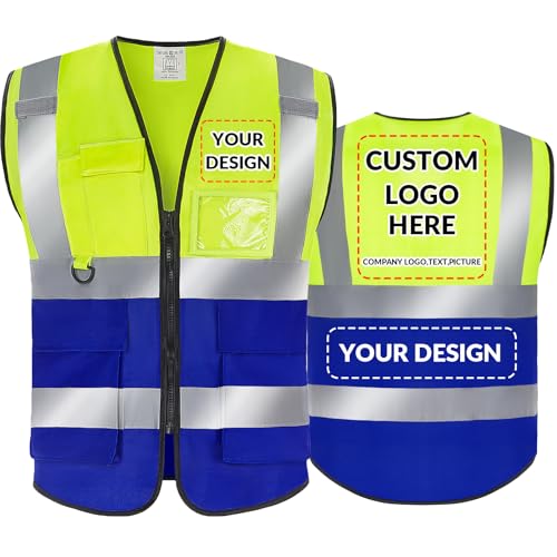 BeautyWill Cutsomize High Visibility Safety Vest with Logo?Custom Your Logo in Reflective Hi Vis Vest with Zipper & Pocket(010YellowBlack, L)