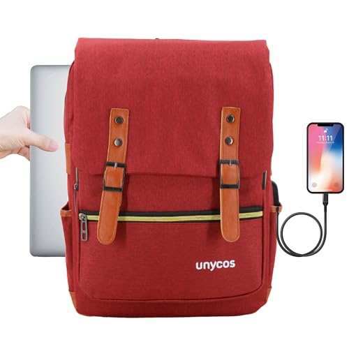 unycos   Mochila 16L para Portátiles y Netbooks de hasta 15,6 Pulgadas, Impermeable, Puerto de Carga USB, Mochila de Hombre y Mujer Ergonómica para Trabajo, Viajes, Colegio y Uso Diario (Rojo)