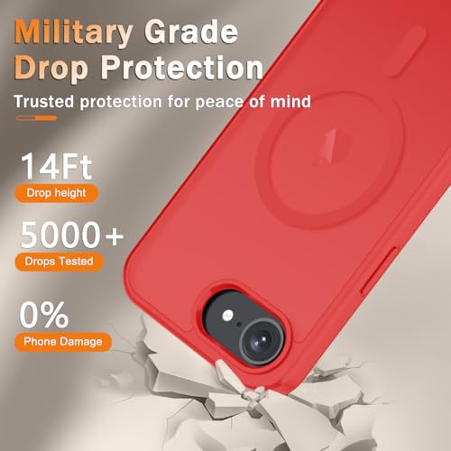 Image of YENAPOON for iPhone 17e Case, iPhone 16e Case, Matte Magnetic Phone Cover [with 1 Screen Protector] [Support for MagSafe] [Shockproof Military Grade Protection] Translucent Frosted Back, Red