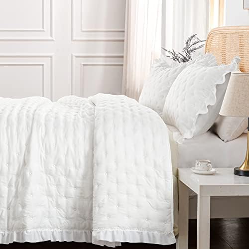 HIARUO 3-Piece Queen Quilt Set - Soft Warm Ultrasonic Reversible Pleated Ruffled Coverlet Bedspread Set (90 x 90 Inch) with 2 Pillow Sham (20 x 26 Inch), White