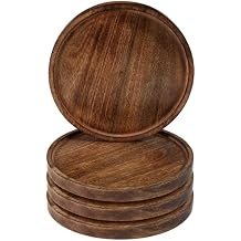 Wood Plate Set of 4, Natural Rustic Mango Wood 11" Round Hardwood Platter, Handcrafted, Versatile Durable Sustainable Dinnerware, For Daily Use or as Picnic & Poolside Server - Burnt