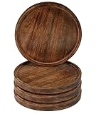 The Wooden Town Wood Plate Set of 4, Natural Rustic Mango Wood 11" Round Hardwood Platter, Handcrafted, Versatile Durable Sustainable Dinnerware, For Daily Use or as Picnic & Poolside Server - Burnt