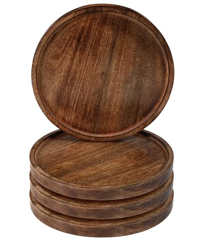 The Wooden Town Wood Plate Set of 4, Natural Rustic Mango Wood 11" Round Hardwood Platter, Handcrafted, Versatile Durable Sustainable Dinnerware, For Daily Use or as Picnic & Poolside Server - Burnt