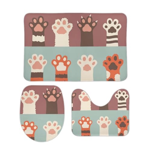 トイレマット 3点セット 猫図案 肉球柄 猫の肉球柄 フタカバー 便座カバー 洗える お風呂マット ふわふわ 滑り止め U型 O型 兼用 ズレない おしゃれ 吸水速乾 50cm x 80cm