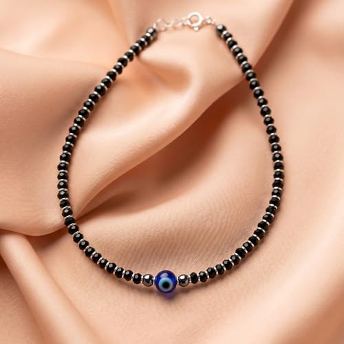 Image of Nazariya Anklet, Single | Pure 925 Sterling Silver Evil Eye Anklet with Black Crystal & Silver Beads for Women & Girls | Comfortable & Adjustable for Every Day Wear