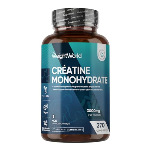 Creatine Monohydrate 270 comprimés Vegan, 3000mg par Portion, 3 Mois d'approvisionnement, sans OGM, sans Gluten ni Colorants ni Arômes Artificiels et sans Stéarate de...
