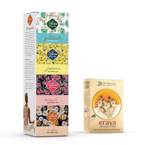 Aura Dhoop –Amber, Bouquet, Jasmine, Patchouli (12 Pcs) & Eraya Cow Dung Dhoop Cones (6Pcs)| Pack of 18 | Ideal for Puja, Meditation, Aromatherapy & Festive Rituals | Natural & Sacred Blend